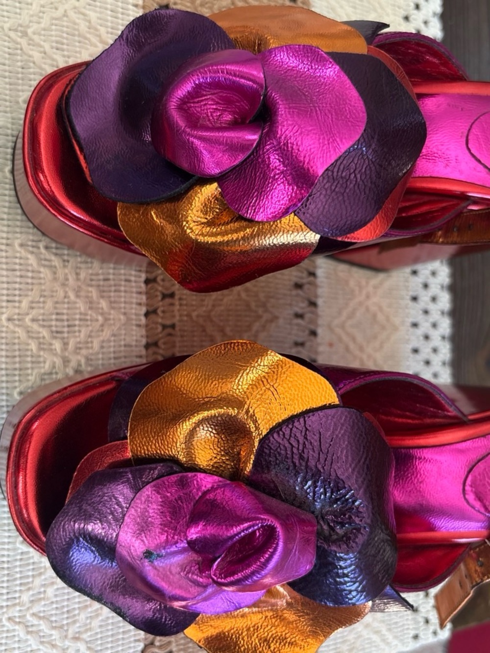 Jeffrey Campbell Metallic Floral Slide Mules in Fuchsia, Purple & Gold